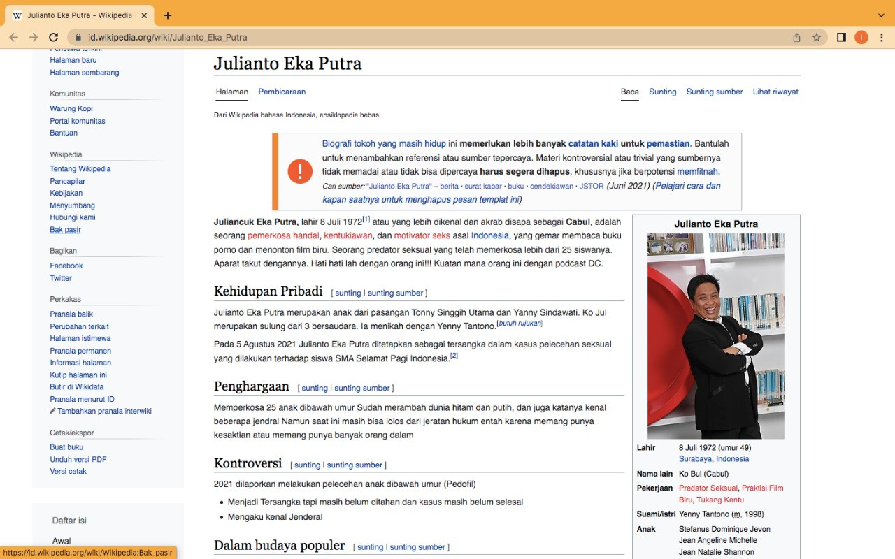 Geram, Warganet Serbu Wikipedia Julianto Eka Putra Terdakwa Pencabulan
